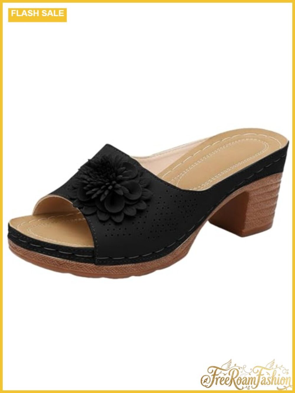 Faux Leather Floral Platform Wedge Sandals Slip On Open Toe